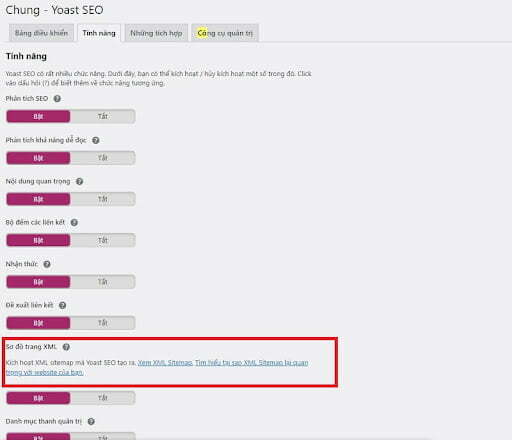 Kích hoạt chức năng xml sitemap trong Yoast SEO