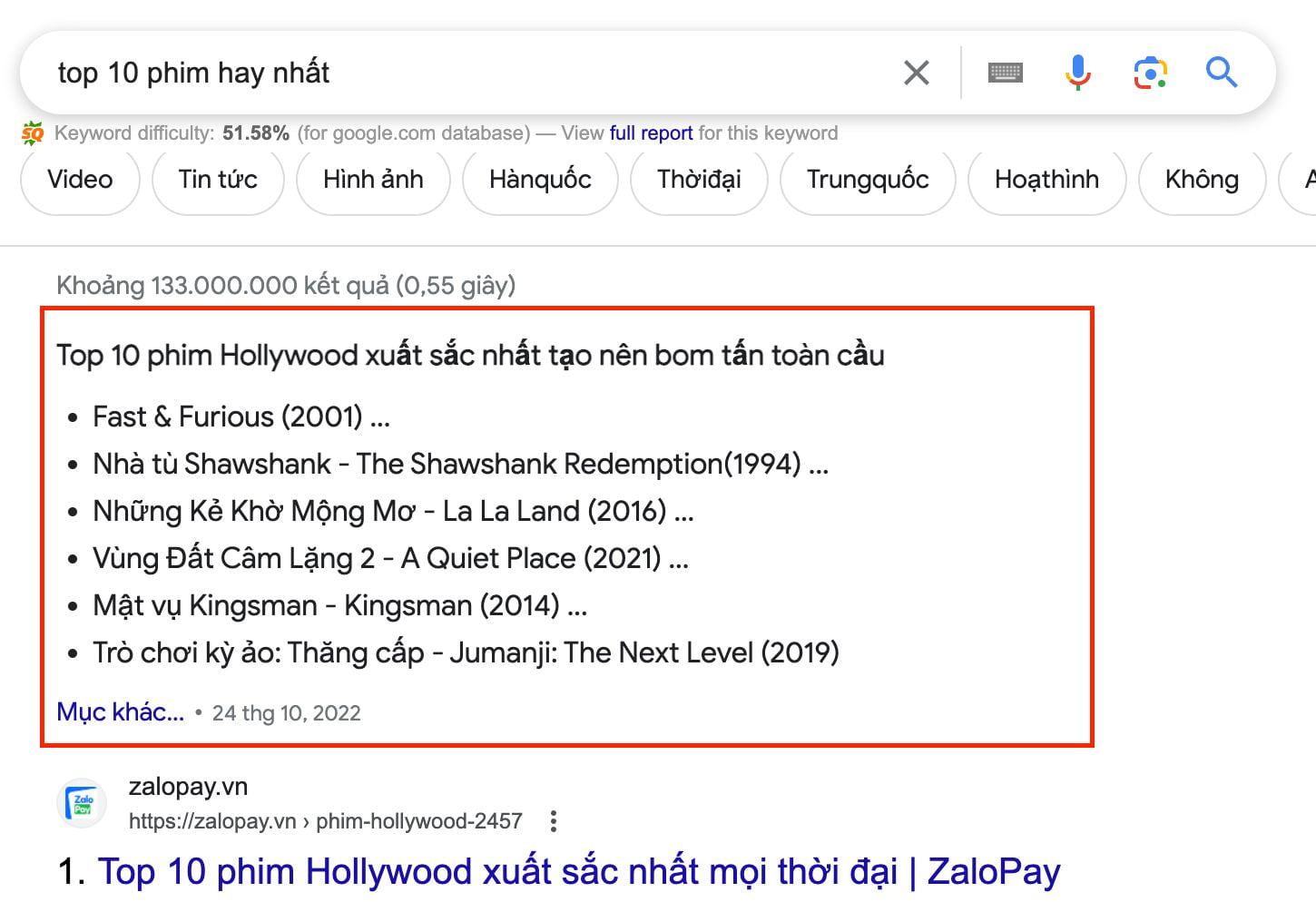 Featured Snippet không theo thứ tự