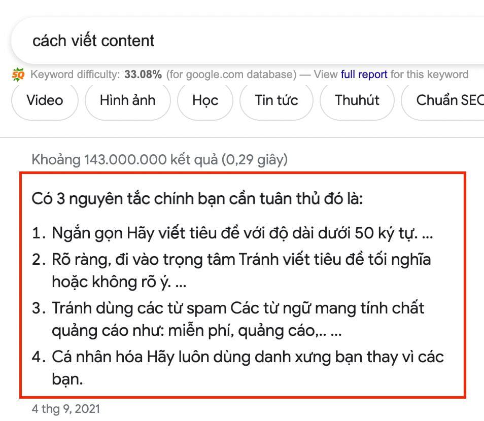 Featured Snippet theo thứ tự