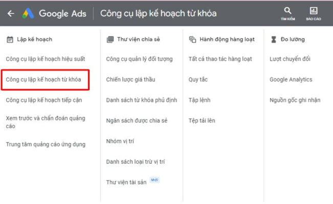 Chọn công cụ lập kế hoạch từ khoá