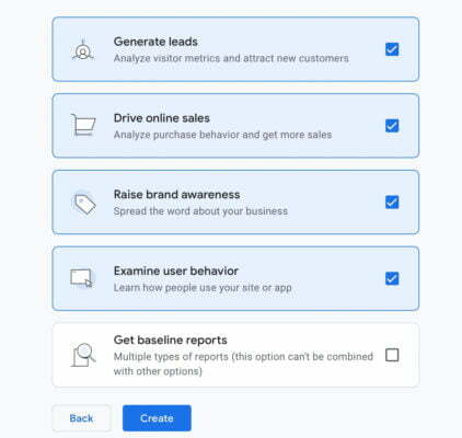 Chọn mục đích sử dụng Google Analytics