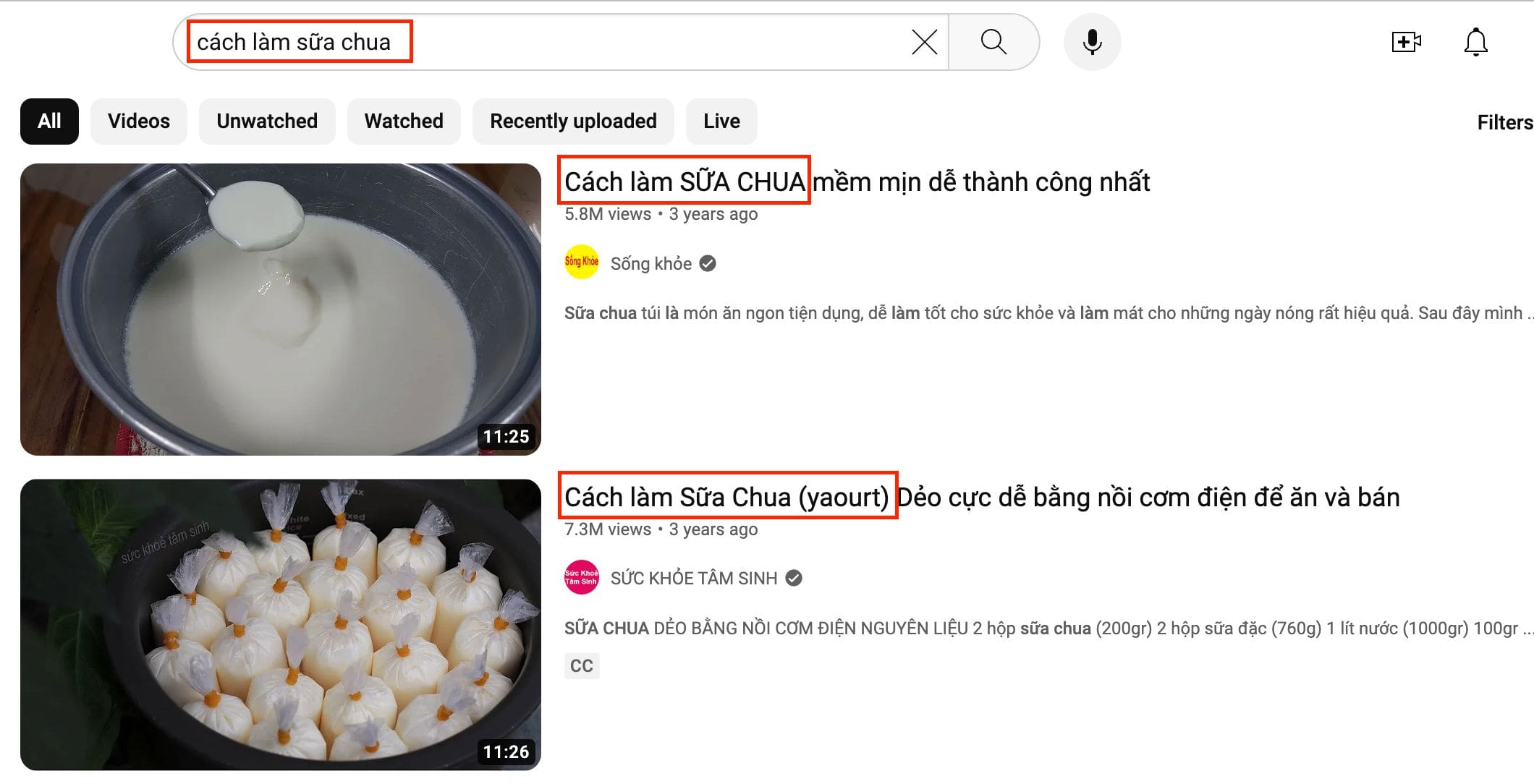 Tiêu đề video Youtube trên bảng kết quả